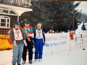 retro skiers pose